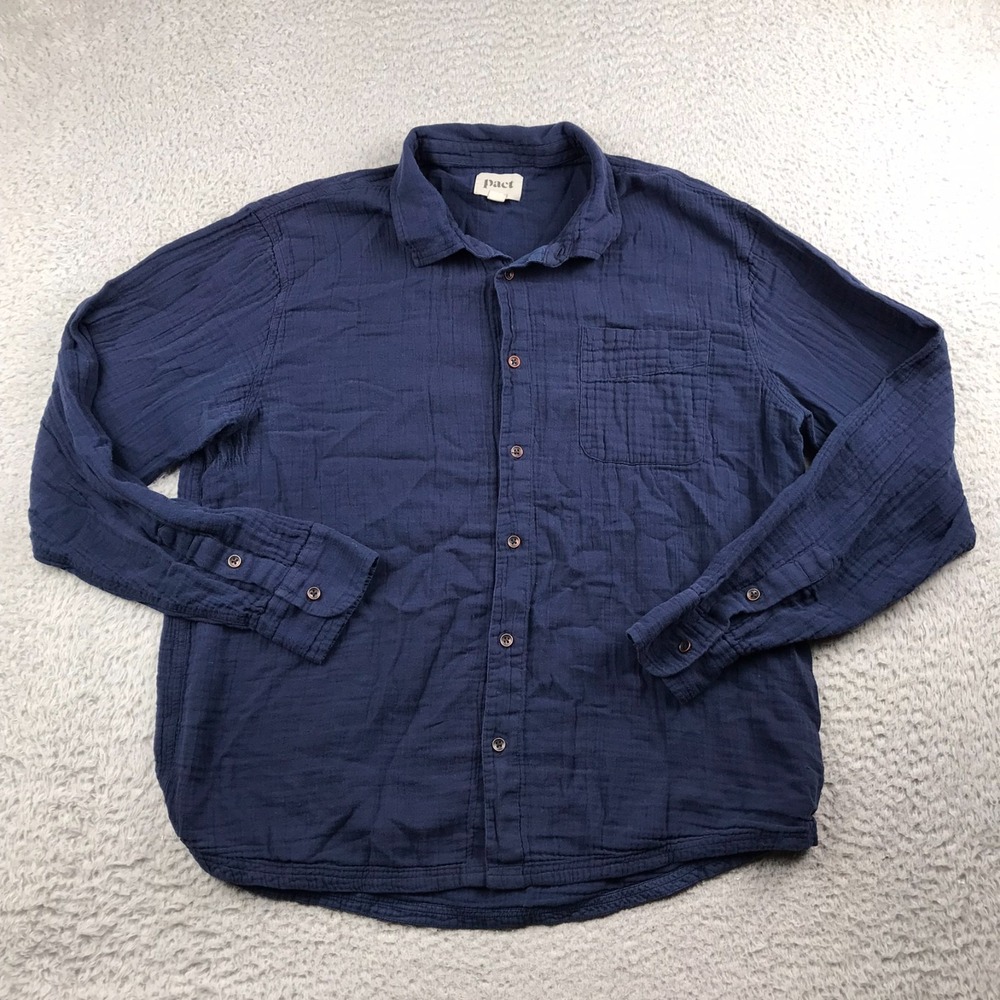 Pact Coastal Button Up Shirt Mens XL Maritime Navy Organic Cotton Double Gauze